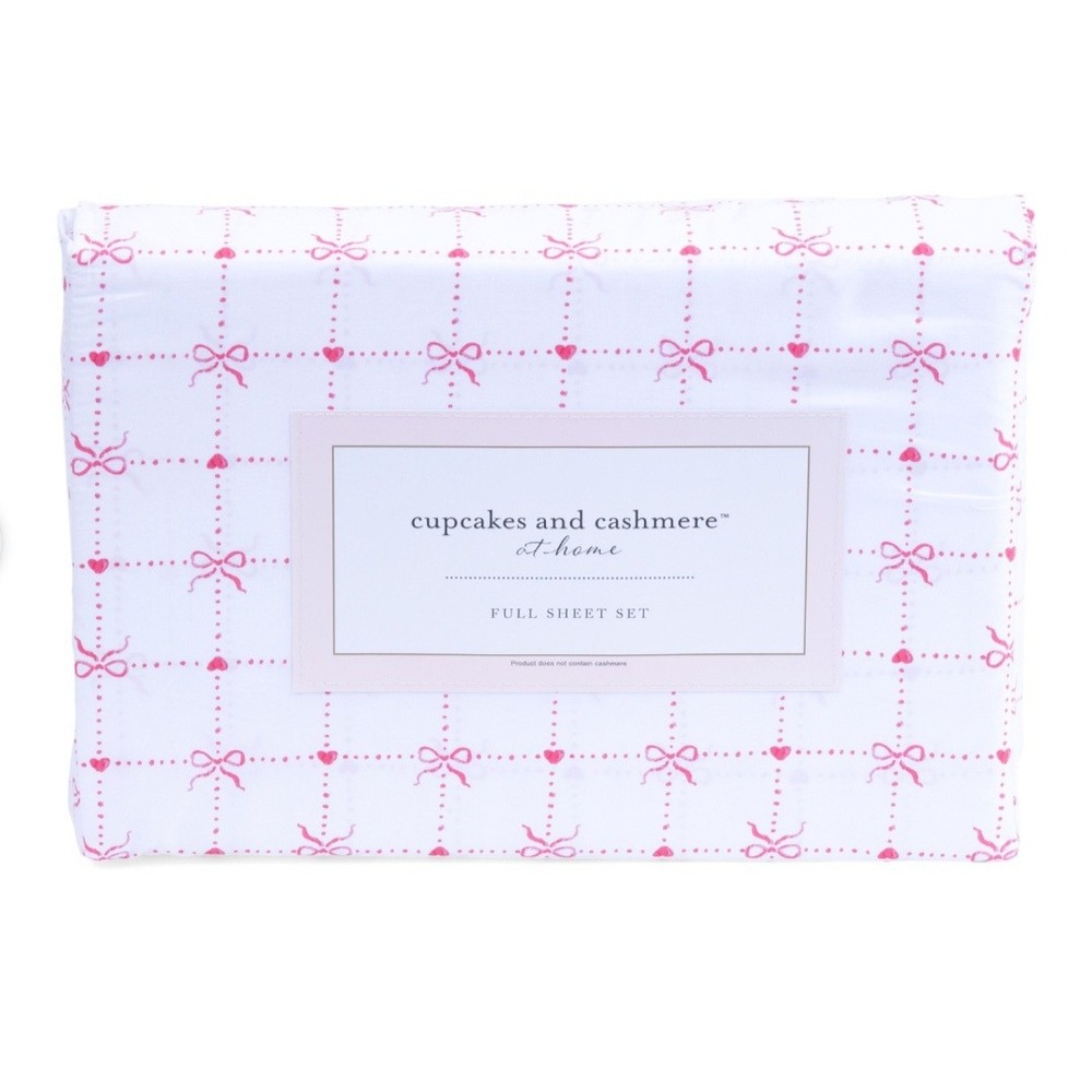 Cupcakes and Cashmere Queen Sheet Set Pink Bow Checker Hearts White 4 Piece NWT